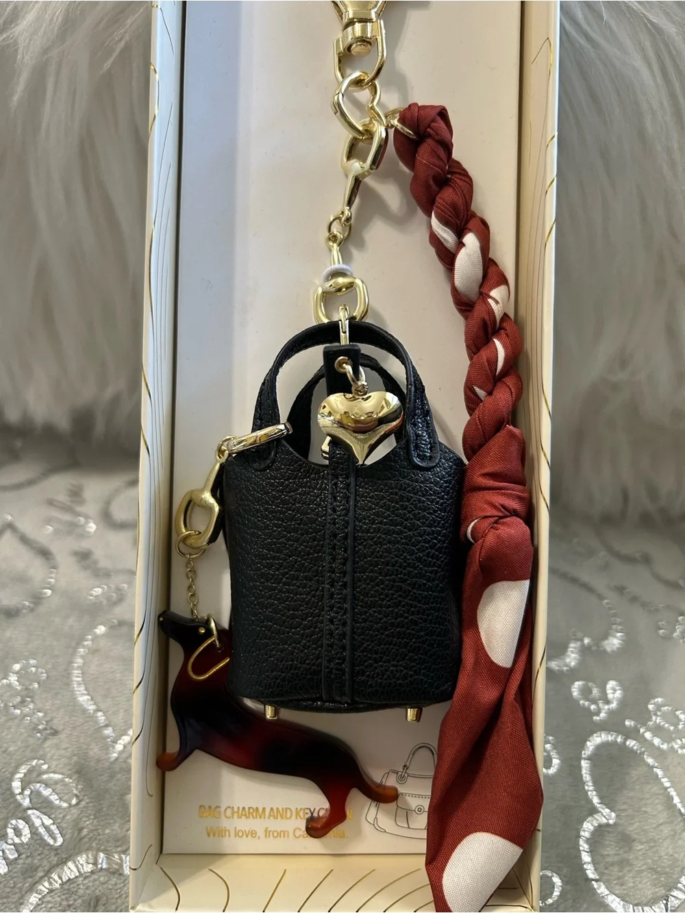 NWT Eye Candy Los Angeles 7” Black Mini Bag Charm with Red Braided Scarf